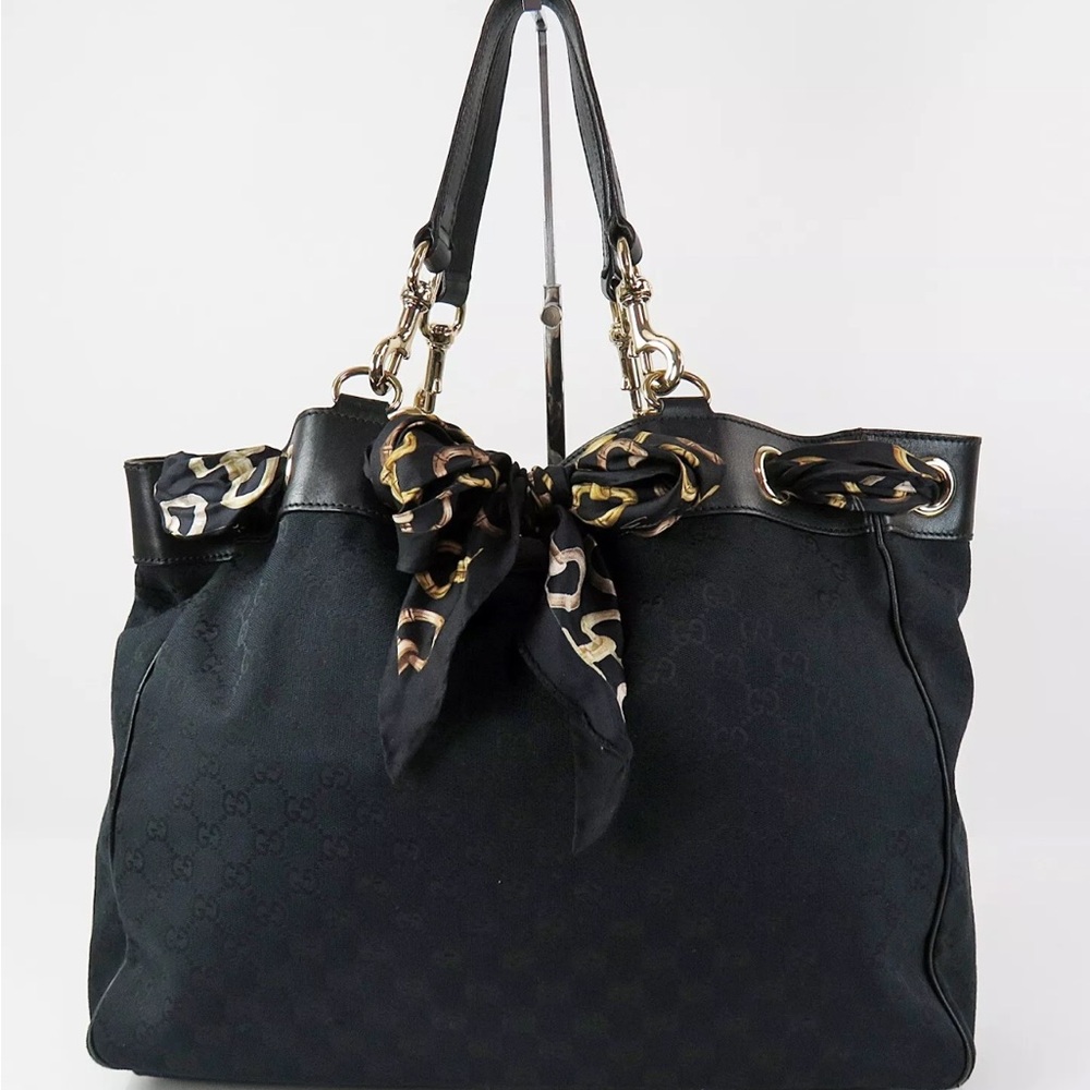Auth GUCCI Black GG Canvas and Leather Positano Scarf Tote Bag Purse #57964